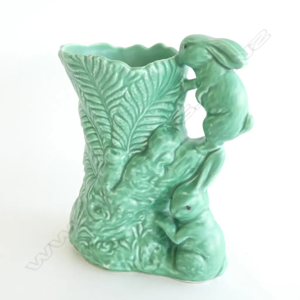 A Sylvac jug with two rabbits, Green matt glaze Image 1++